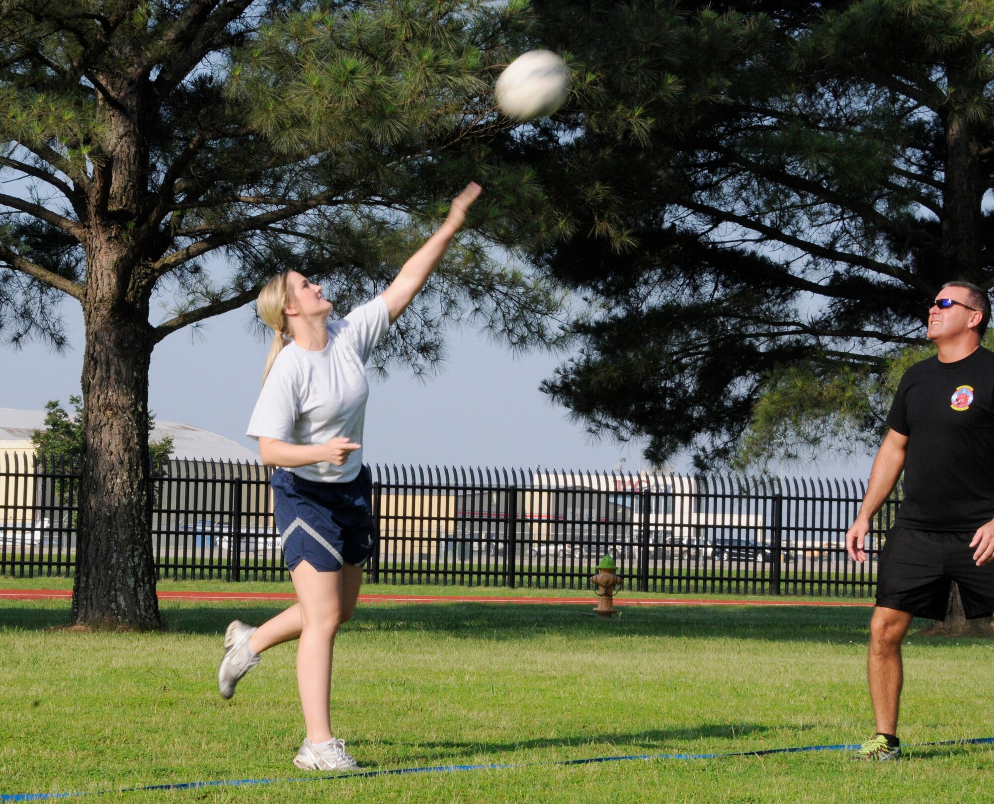 Members of the 188th Wing gathered together to compete in multiple physical challenges for Wingman day 2015 held June 7, at Ebbing Air National Guard Base, Fort Smith, Ark. Wingman Day is designed to encourage Airmen to build and foster positive relationships in their work areas and throughout the wing. The day’s events consisted of a 1.5 mile run, volleyball, horseshoes, a mile relay, free-throw competition, golf pitching and a casting contest. Brig. Gen. James Vogel, Arkansas Air National Guard commander, and Col. Bobbi Doorenbos, 188th Wing commander, presented awards to team winners at the conclusion of the day’s events. (U.S. Air National Guard photo by Staff Sgt. Hannah Dickerson/Released)