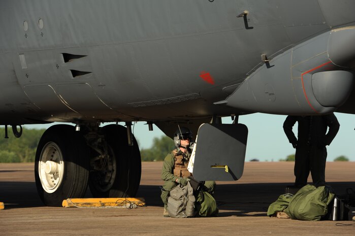 Capt. Kyle Smolek, 69th Bomb Squadron executive officer, exits a B-52H Stratofortress at Royal Air Force Fairford, England, June 8, 2015, after the first mission in support of exercise Saber Strike 15. Bomber operations provide a credible, flexible and ready capability to respond to a variety of potential threats and situations. The three B-52s forward deployed in support of Saber Strike 15 to help promote regional stability and security. (U.S. Air Force photos/Capt. Christopher Mesnard) 
