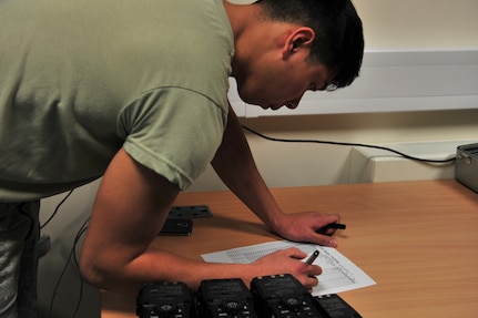 Senior Airman Kimsan Heng, 5th Operations Support Squadron aircraft flight equipment technician, signs off the equipment of an aircrew member at Royal Air Force Fairford, England, June 8, 2015 before the first mission in support of exercise Saber Strike 15. Saber Strike 15 provides training opportunities in the Baltic region in preparation for NATO Response Force certification. U.S. Strategic Command bomber missions provide unique opportunities to integrate and train with Geographic Combatant Commands and the United States’ allies and partners in joint and coalition operations and exercises. (U.S. Air Force photo/Senior Airman Malia Jenkins) 