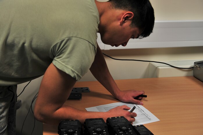 Senior Airman Kimsan Heng, 5th Operations Support Squadron aircraft flight equipment technician, signs off the equipment of an aircrew member at Royal Air Force Fairford, England, June 8, 2015 before the first mission in support of exercise Saber Strike 15. Saber Strike 15 provides training opportunities in the Baltic region in preparation for NATO Response Force certification. U.S. Strategic Command bomber missions provide unique opportunities to integrate and train with Geographic Combatant Commands and the United States’ allies and partners in joint and coalition operations and exercises. (U.S. Air Force photo/Senior Airman Malia Jenkins) 