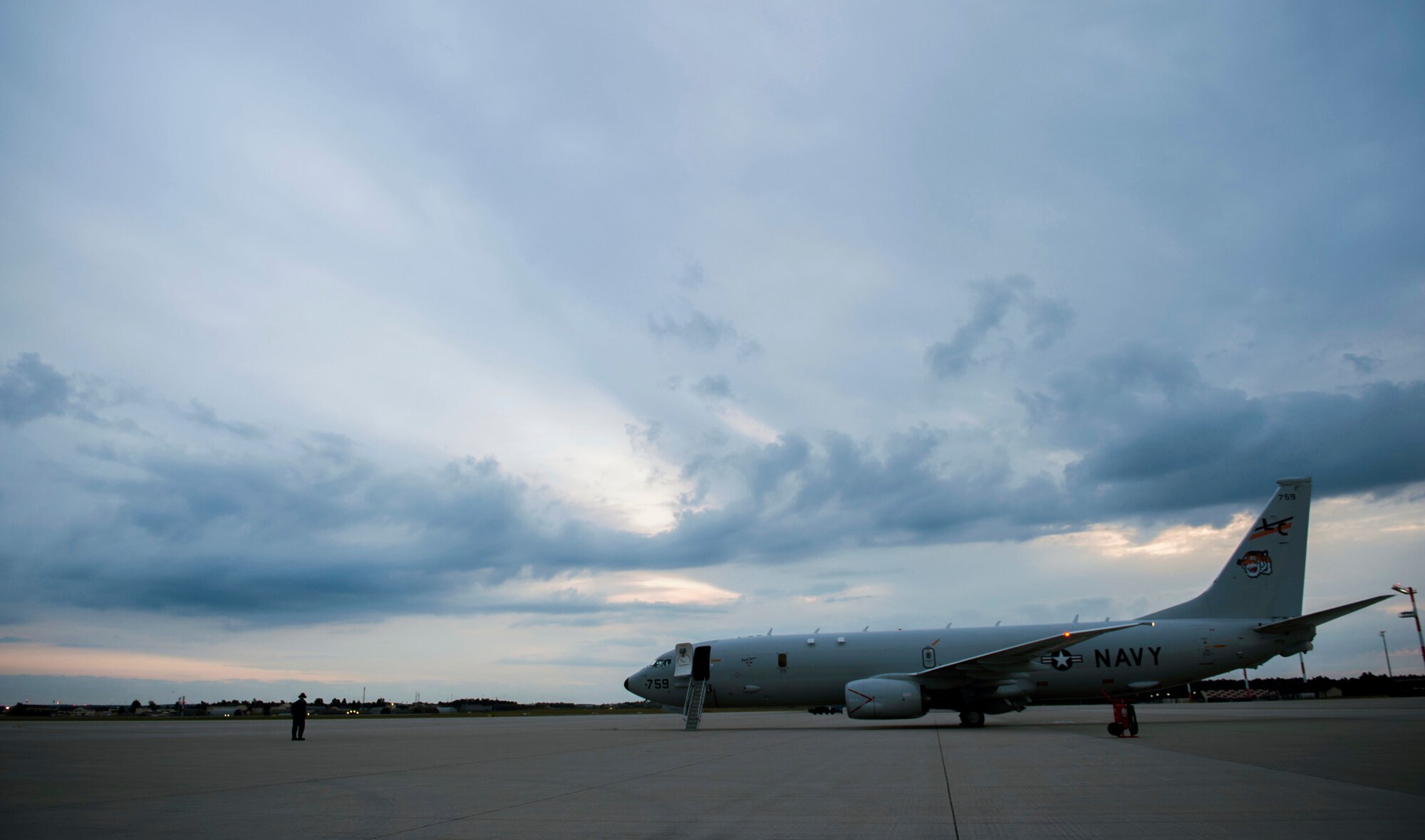 A Boeing P-8 Poseidon maritime surveillance aircraft remains parked on the tarmac during a BALTOPS 2015 mission on the flightline of Spangdahlem Air Base, Germany, June 9, 2015. Exercises like BALTOPS enable participants to advance information sharing, which is crucial to maintaining regional stability and maritime security in the region, as well as to enhance the capability to conduct multinational peacekeeping missions. (U.S. Air Force photo by Airman 1st Class Timothy Kim/Released)