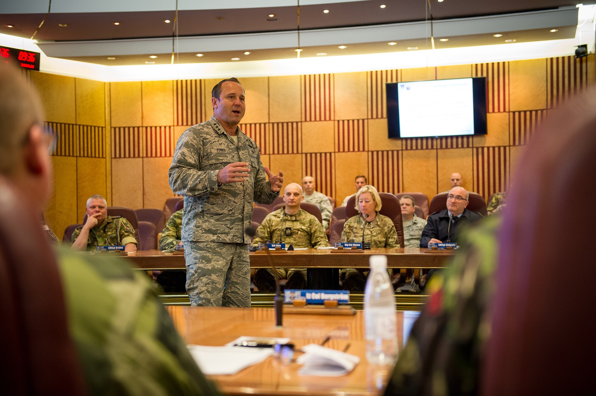 Lt. Gen. Tom Jones, U.S. Air Forces in Europe and Air Forces Africa vice commander, speaks to senior enlisted and officers from multiple countries throughout Europe and Africa during a the Professional Military Development Symposium at Ramstein Air Base, Germany, June 2, 2015. This inaugural PMD course was designed to bring allied and partner nations together to exchange ideas and best practices with the goal of improving their militaries. (U.S. Air Force photo/ Tech. Sgt. Ryan Crane)