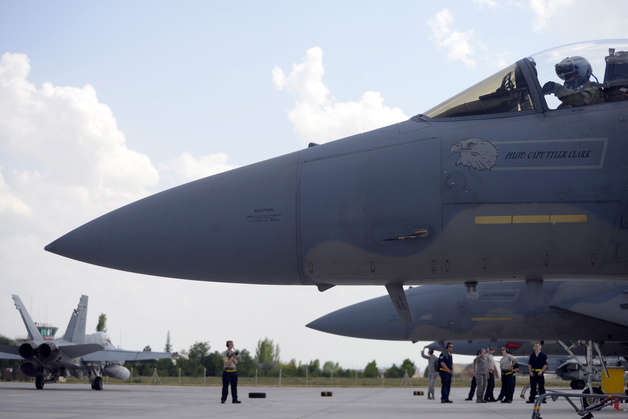 F-15 aircraft assigned to the 493rd Fighter Squadron, 48th Fighter Wing, Royal Air Force Lakenheath, England, wait to taxi to the runway at 3rd Main Jet Base, Turkey, during Anatolian Eagle 15, June 8, 2015. Anatolian Eagle is a two-week flying training exercise involving U.S. Air Forces in Europe units and multiple NATO partners. (U.S. Air Force photo by Tech. Sgt. Eric Burks/Released)
