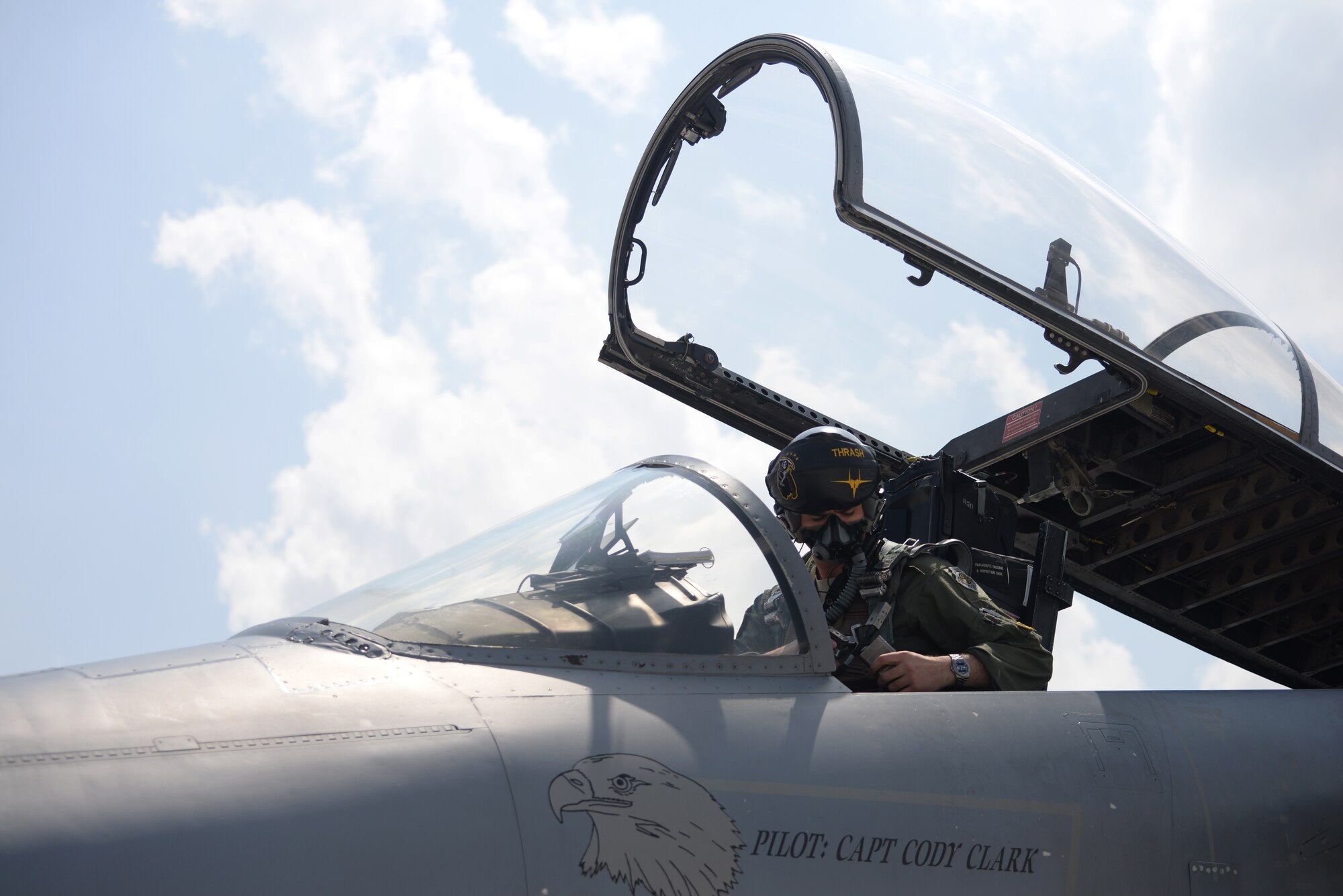 U.S. Air Force Capt. Joshua Tweedy, 493rd Fighter Squadron pilot, prepares for flight during Anatolian Eagle 15 at 3rd Main Jet Base, Turkey, June 8, 2015. Approximately 250 personnel and12 F-15 aircraft from the 48th Fighter Wing, Royal Air Force Lakenheath, England, are participating in the two-week exercise. (U.S. Air Force photo by Tech. Sgt. Eric Burks/Released)