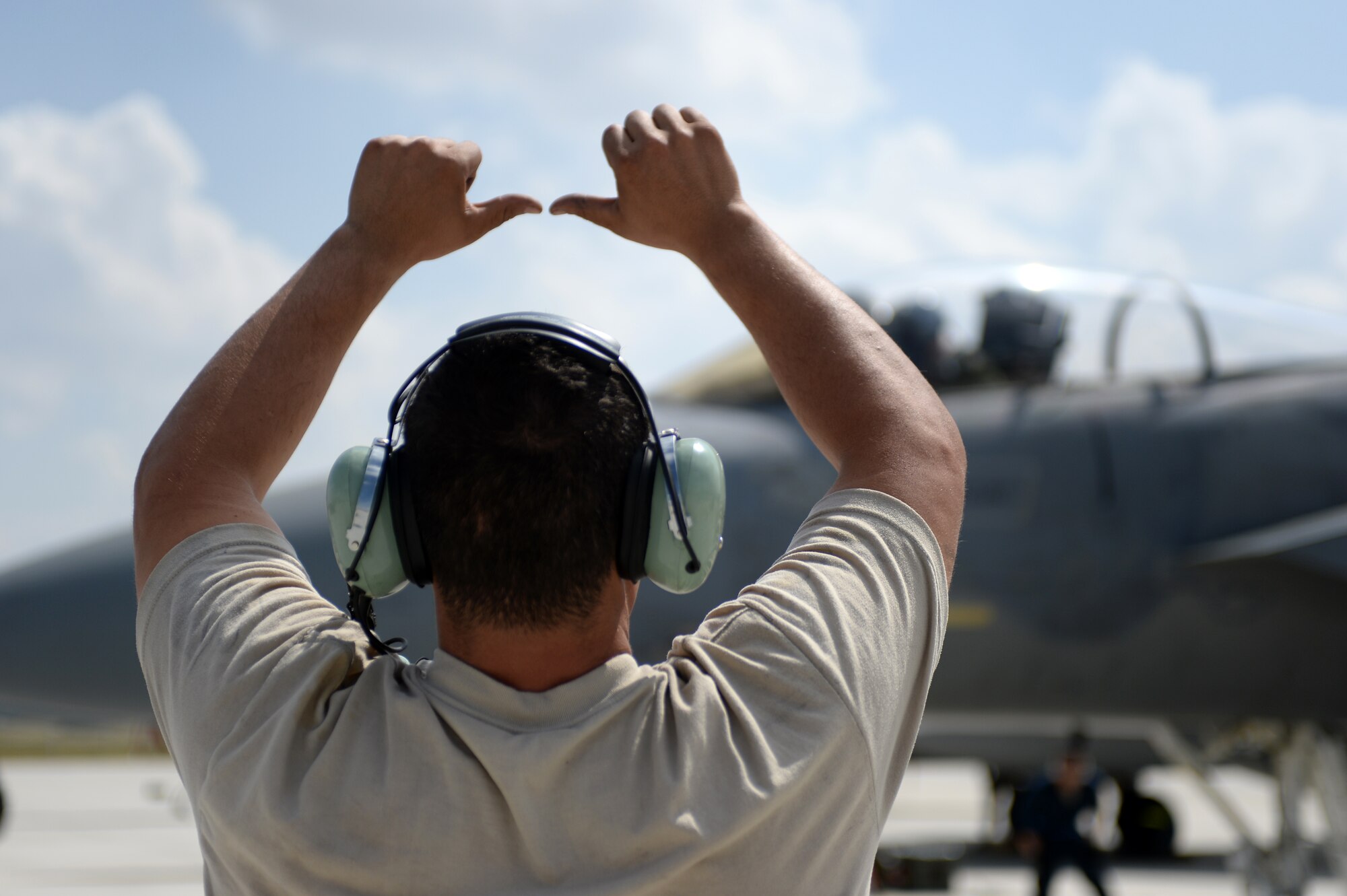 A maintainer assigned to the 748th Aircraft Maintenance Squadron signals to a 493rd Fighter Squadron pilot in an F-15C Eagle prior to takeoff during Anatolian Eagle 15 at 3rd Main Jet Base, Turkey, June 8, 2015. Approximately 250 personnel and12 F-15 aircraft from the 48th Fighter Wing, Royal Air Force Lakenheath, England, are participating in the two-week exercise. (U.S. Air Force photo by Tech. Sgt. Eric Burks/Released)