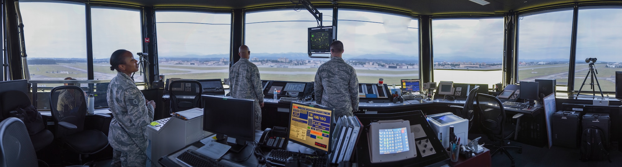 A panoramic photo shows the tower cab section of the air traffic control tower at Yokota Air Base, Japan, May 8, 2015. (U.S. Air Force photo by Senior Airman Michael Washburn/Released) 