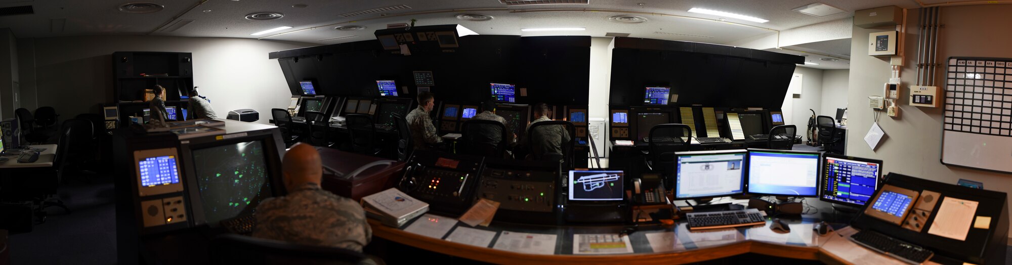 A panoramic photo shows the radar approach control section of the air traffic control tower at Yokota Air Base, Japan, May 8, 2015. (U.S. Air Force photo by Senior Airman Michael Washburn/Released)