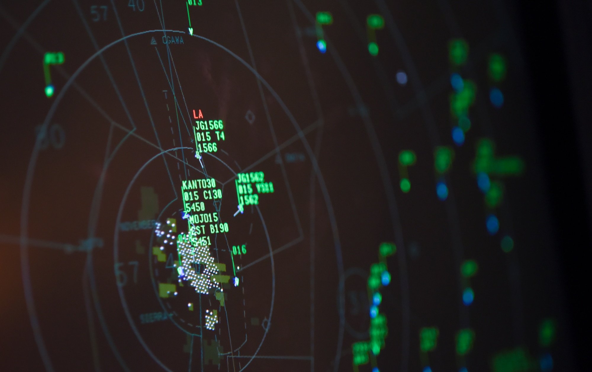 A computer monitor in the radar approach control section of the air traffic control tower at Yokota Air Base, Japan, displays all the incoming and outgoing aircraft near Yokota and surrounding areas May 8, 2015. From this section in the control tower, RAPCON Airmen are able to monitor aircraft from ground level to altitudes of 23,000 feet. (U.S. Air Force photo by Senior Airman Michael Washburn/Released)