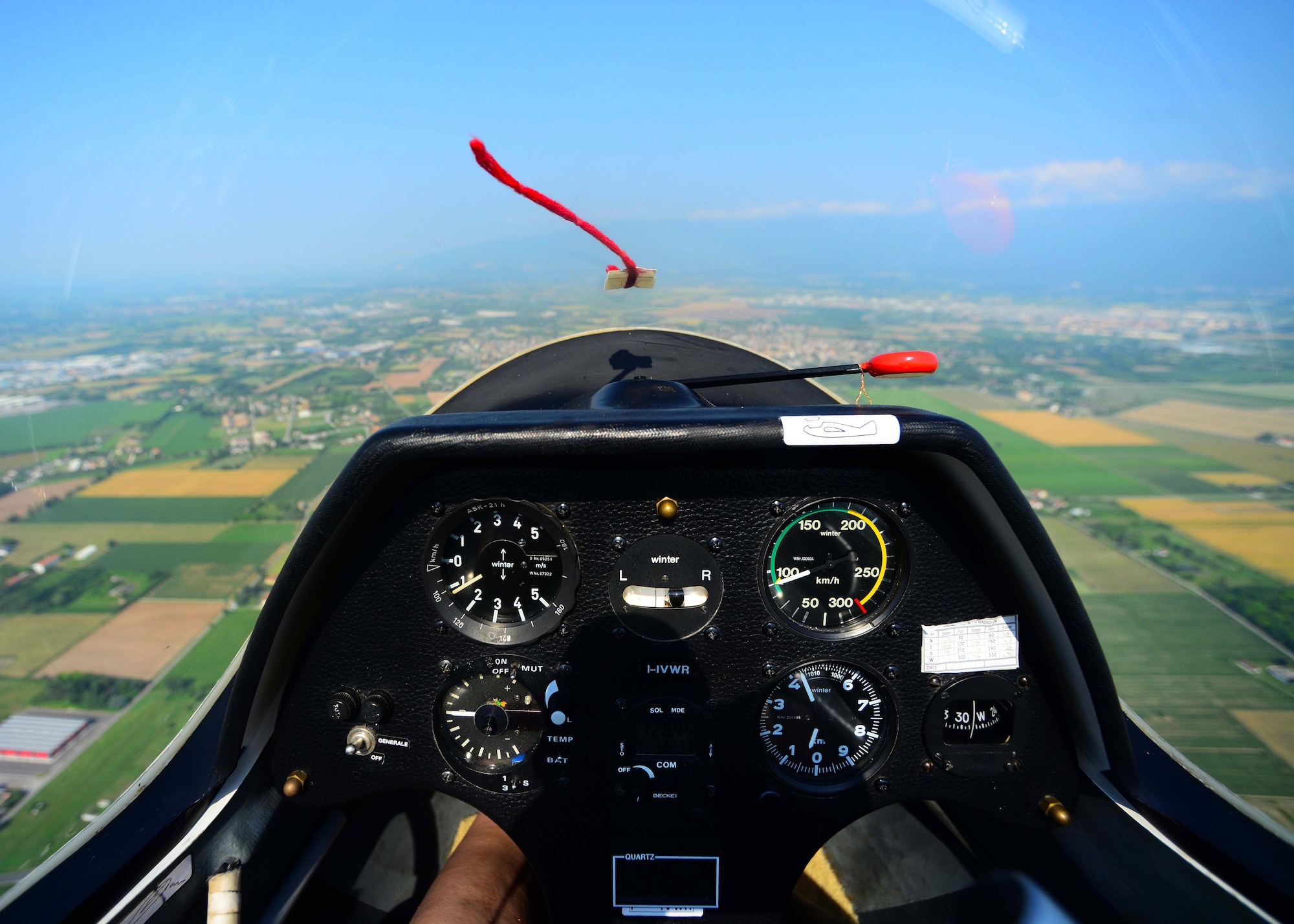 Flight instruments are displayed within a glider during an incentive flight at La Comina Airfield, June 6, 2015, in Pordenone, Italy. Airmen were hand-selected by their unit leaders to participate in incentive flights hosted by the Honorary Squadron Commander’s Association. (U.S. Air Force photo by Airman 1st Class Deana Heitzman/Released) 