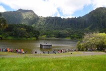 More than 100 members of Joint Base Pearl Harbor-Hickam and their children participated in the 16th Annual Friends of Hickam Keiki Fishing Tournament at the Ho`omaluhia Botanical Gardens in Kaneohe, June 5, 2015. The tournament hosted children ages 5-12 who used bamboo fishing poles to catch small mouth bass, catfish, red devil fish and tilapia. (U.S. Air Force photo by Tech. Sgt. Aaron Oelrich/Released) 