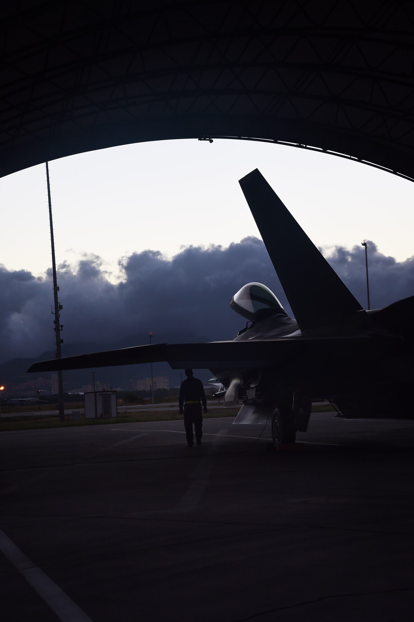 Tech. Sgt. Matthew Molnar, 154th Maintenance Squadron, inspects an F-22 Raptor from the 199th Fighter Squadron on Joint Base Pearl Harbor-Hickam, Hawaii, June 6, 2015. Pilots of the F-22 from the Hawaii Air National Guard’s 199th Fighter Squadron and the 19th Fighter Squadron teamed up with maintenance Airmen from the 154th Wing and 15th Maintenance Group to launch and recover a record 62 Raptors in a day.(U.S. Air Force photo by Tech. Sgt. Aaron Oelrich/Released)   