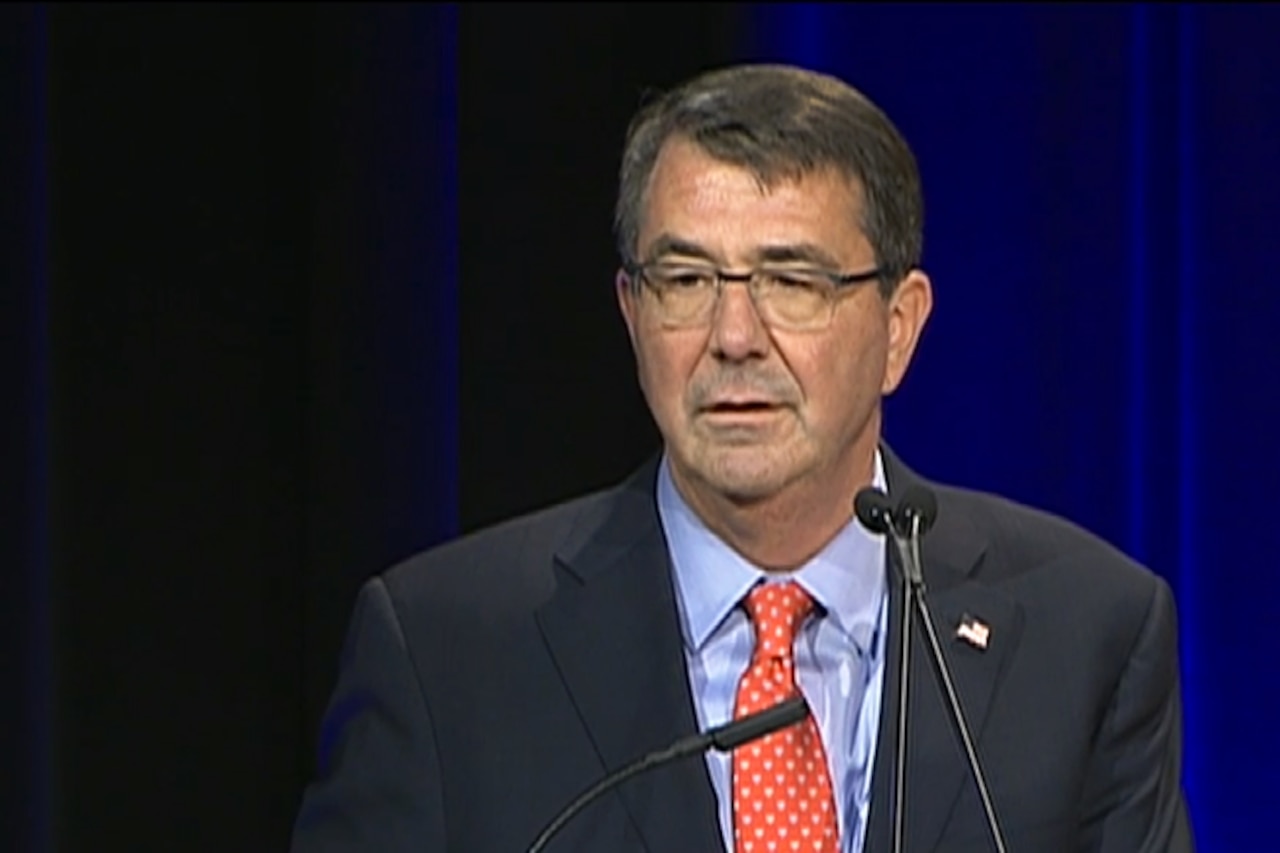 Defense Secretary Ash Carter delivers the keynote address during the Defense Department’s Lesbian, Gay, Bisexual and Transgender Pride Month ceremony at the Pentagon, June 8, 2015. DoD screen shot
