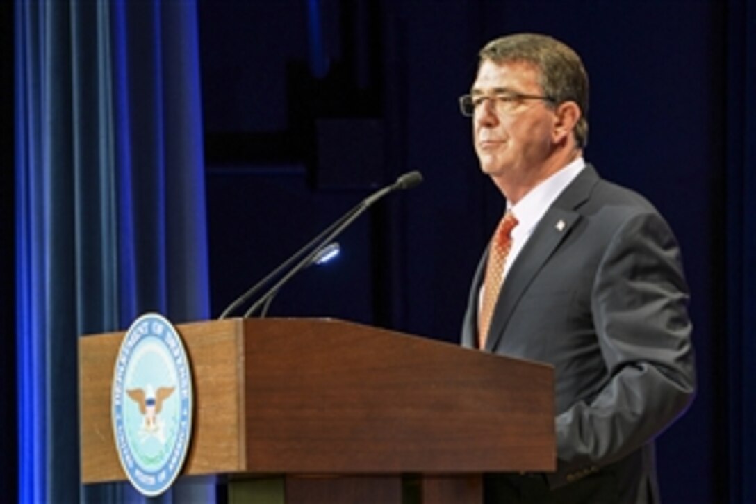 Defense Secretary Ash Carter delivers the keynote address during the Defense Department’s Lesbian, Gay, Bisexual and Transgender Pride Month ceremony at the Pentagon, June 8, 2015.