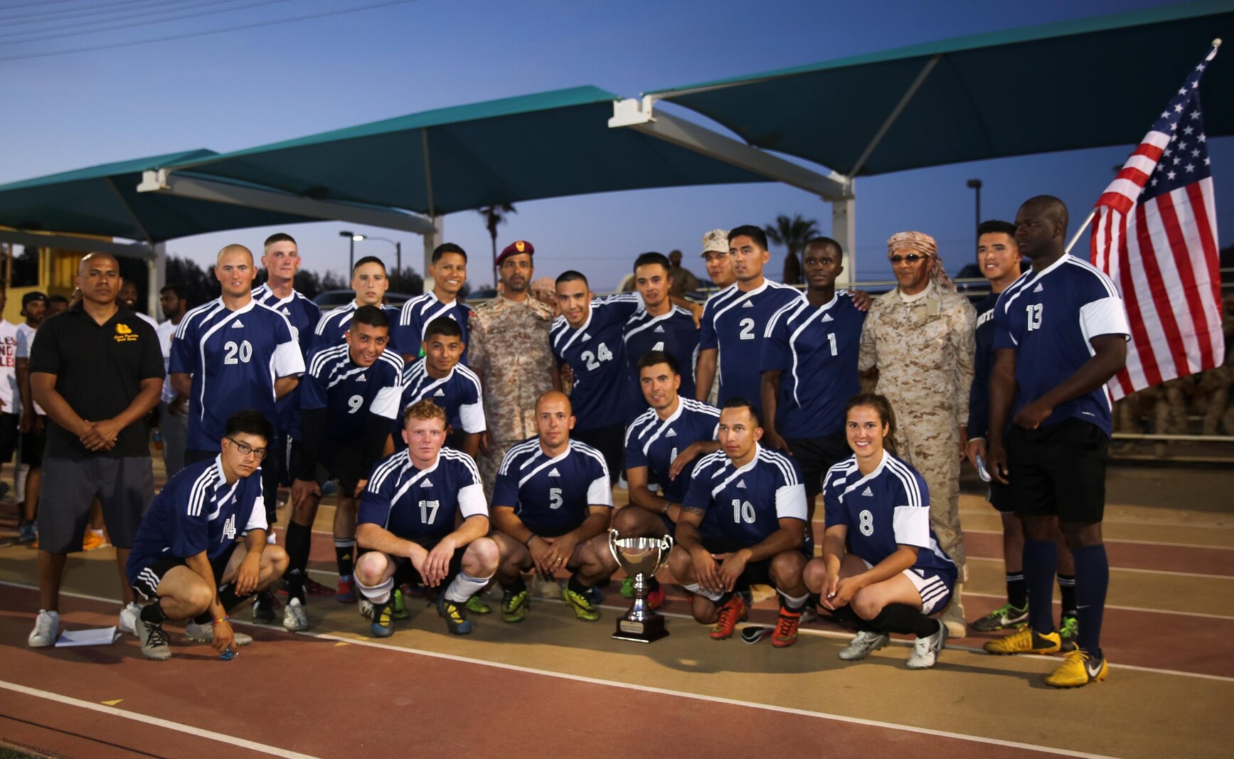 MCAGCC Marines compete in a soccer match against the United Arab Emirates Presidential Guard, ending their month long training in Twentynine Palms. Representing CLB-7 is 1stLt Tiffany Aguiar.