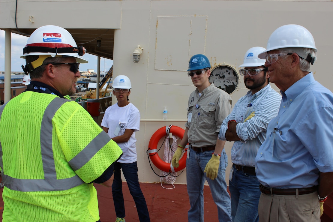 The U.S. Army Corps of Engineers Baltimore District hosted a tour of the STURGIS June 9, 2015 in Galveston, Texas for local officials, the Coast Guard and the Port of Galveston to explain the process of how the decommissioning of the barge will be completed. The Army Corps of Engineers also gave first responders an overview of the site and reviewed safety procedures.  (Photo by Brittany Bangert, USACE)