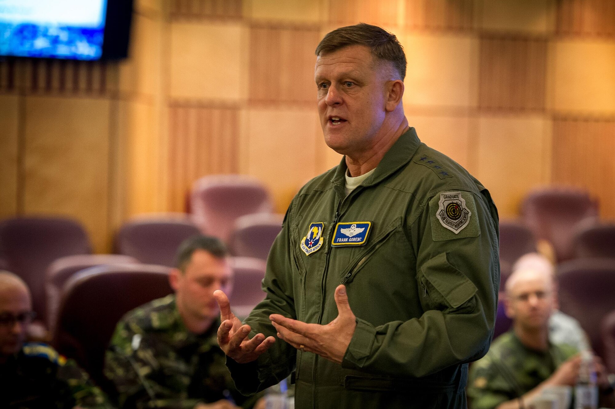 Gen. Frank Gorenc, the U.S. Air Forces in Europe and Air Forces Africa commander, speaks to senior enlisted and officers from multiple countries throughout Europe and Africa during a the inaugural International Professional Military Development (PMD) Symposium at Ramstein Air Base, Germany, June 4, 2015. The inaugural PMD course was designed to bring allied and partner nations together to exchange ideas and best practices with the goal of improving their militaries. (U.S. Air Force photo/Tech. Sgt. Ryan Crane)