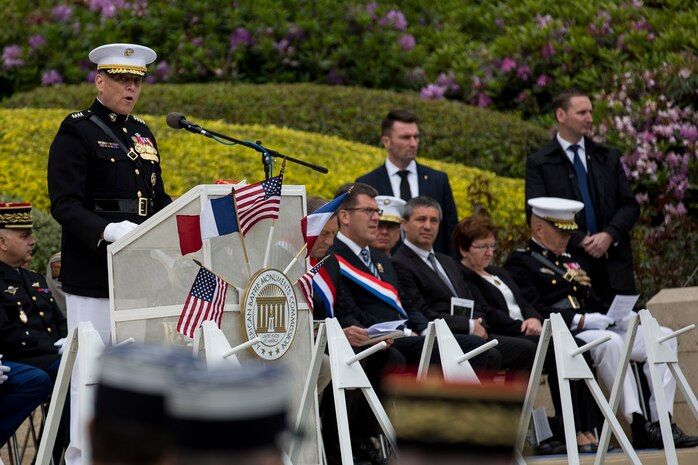 U.S. Marines Corps Gen. John Paxton, Assistant Commandant of the Marine Corps, addresses an audience at Aisne Marne American Cemetery in Belleau, France, on May 31, 2015. The ceremony was held to commemorate the Battle of Belleau Wood. (U.S. Marine Corps Photo by Sgt. Luis A. Vega/Released)