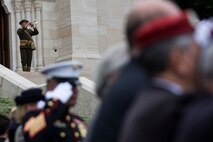 U.S. Marines Corps Cpl. Gregg Alvarez, a trumpet player, with 1st Marine Division Band plays during an anniversary ceremony with the French Legionnaires on Aisne Marne American Cemetery in Belleau, France, on May 31, 2015. The ceremony was held to commemorate the Battle of Belleau Wood. (U.S. Marine Corps Photo by Sgt. Luis A. Vega/Released)