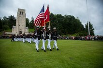 U.S. Marines with the 5th Marine Regiment, march off the field during an anniversary ceremony with the French Legionnaires on Aisne Marne American Cemetery in Belleau, France, on May 31, 2015. The ceremony was held to commemorate the Battle of Belleau Wood. (U.S. Marine Corps Photo by Sgt. Luis A. Vega/Released)