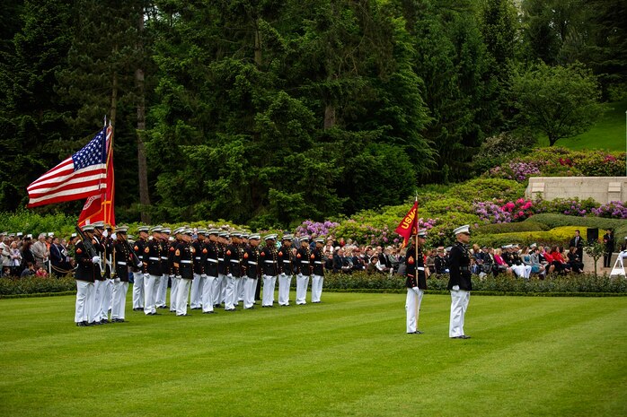U.S. Marines from the 1st Marine Division and their French counterparts gather at Aisne-Marne American Cemetery to commemorate their fallen heroes in Belleau, France on May 31, 2015. This Memorial Day ceremony was held in honor of the 97th anniversary of the Battle of Belleau Wood. (U.S. Marine Corps photo by Lance Cpl. Akeel Austin/Released)