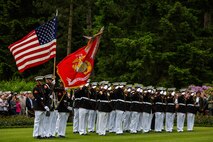 U.S. Marines from the 1st Marine Division and their French counterparts gather at Aisne-Marne American Cemetery to commemorate their fallen heroes in Belleau, France on May 31, 2015. This Memorial Day ceremony was held in honor of the 97th anniversary of the Battle of Belleau Wood. (U.S. Marine Corps photo by Lance Cpl. Akeel Austin/Released)