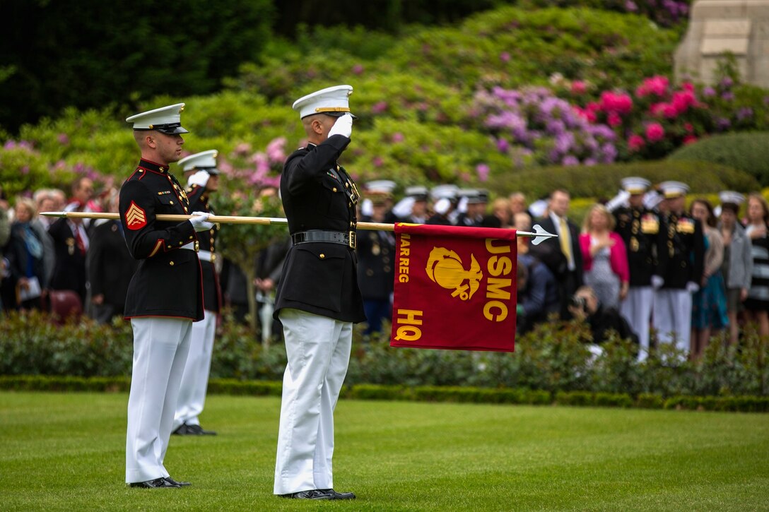 U.S. Marines from the 1st Marine Division and their French counterparts gather at Aisne-Marne American Cemetery to commemorate their fallen heroes in Belleau, France on May 31, 2015. This Memorial Day ceremony was held in honor of the 97th anniversary of the Battle of Belleau Wood. (U.S. Marine Corps photo by Lance Cpl. Akeel Austin/Released)