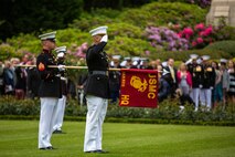 U.S. Marines from the 1st Marine Division and their French counterparts gather at Aisne-Marne American Cemetery to commemorate their fallen heroes in Belleau, France on May 31, 2015. This Memorial Day ceremony was held in honor of the 97th anniversary of the Battle of Belleau Wood. (U.S. Marine Corps photo by Lance Cpl. Akeel Austin/Released)