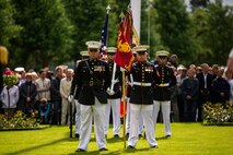 U.S. Marines from the 1st Marine Division and their French counterparts gather at Aisne-Marne American Cemetery to commemorate their fallen heroes in Belleau, France on May 31, 2015. This Memorial Day ceremony was held in honor of the 97th anniversary of the Battle of Belleau Wood. (U.S. Marine Corps photo by Lance Cpl. Akeel Austin/Released)