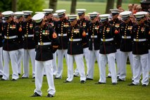 U.S. Marines from the 1st Marine Division and their French counterparts gather at Aisne-Marne American Cemetery to commemorate their fallen heroes in Belleau, France on May 31, 2015. This Memorial Day ceremony was held in honor of the 97th anniversary of the Battle of Belleau Wood. (U.S. Marine Corps photo by Lance Cpl. Akeel Austin/Released)