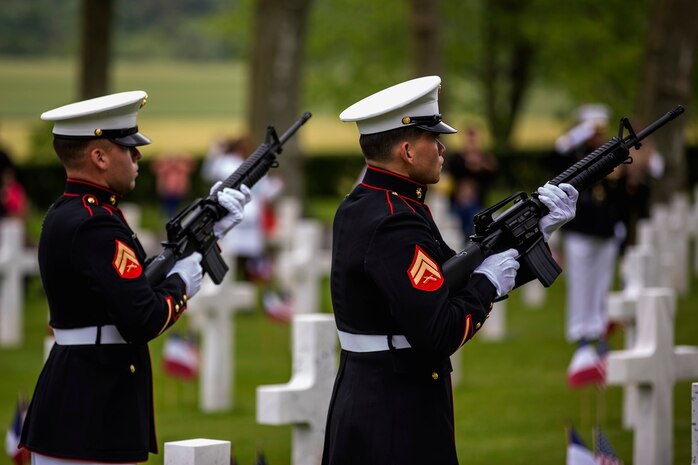 U.S. Marines from the 1st Marine Division and their French counterparts gather at Aisne-Marne American Cemetery to commemorate their fallen heroes in Belleau, France on May 31, 2015. This Memorial Day ceremony was held in honor of the 97th anniversary of the Battle of Belleau Wood. (U.S. Marine Corps photo by Lance Cpl. Akeel Austin/Released)