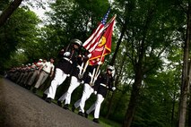 U.S. Marines from the 1st Marine Division and their French counterparts gather at Aisne-Marne American Cemetery to commemorate their fallen heroes in Belleau, France, on May 31, 2015. This Memorial Day ceremony was held in honor of the 97th anniversary of the Battle of Belleau Wood. (U.S. Marine Corps photo by Lance Cpl. Akeel Austin/Released)