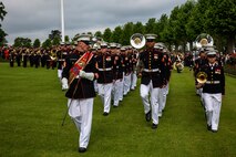 U.S. Marines from the 1st Marine Division and their French counterparts gather at Aisne-Marne American Cemetery to commemorate their fallen heroes in Belleau, France, on May 31, 2015. This Memorial Day ceremony was held in honor of the 97th anniversary of the Battle of Belleau Wood. (U.S. Marine Corps photo by Lance Cpl. Akeel Austin/Released)