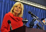 Dr. Jill Biden, wife of Vice President Joe Biden, speaks during the call to arms ceremony at the Delaware Air National Guard's 166th Airlift Wing, March 4, 2011. The 166th is scheduled to deploy to Afghanistan and Southeast Asia to provide logistical and aeromedical evacuation support to Soldiers and Marines in support of Operations Enduring Freedom and New Dawn.