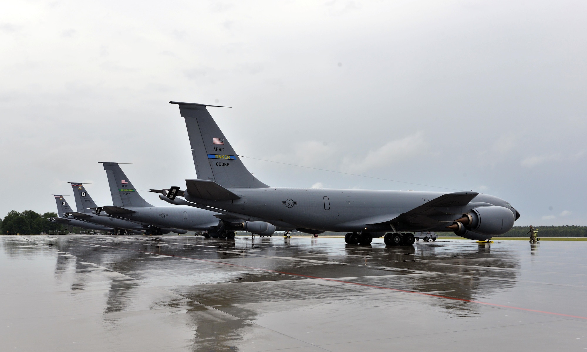 Four KC-135 Stratotankers await a mission on the flightline in support of Baltic Operations 2015, June 9, 2015, at Powidz Air Base, Poland. Baltops, held June 5-20, is a multinational maritime exercise held in parts of Poland, Sweden, Germany, and throughout the Baltic Sea, and includes participation from 14 NATO and three partner nations. (U.S. Air Force photo/Senior Airman Michael Battles)