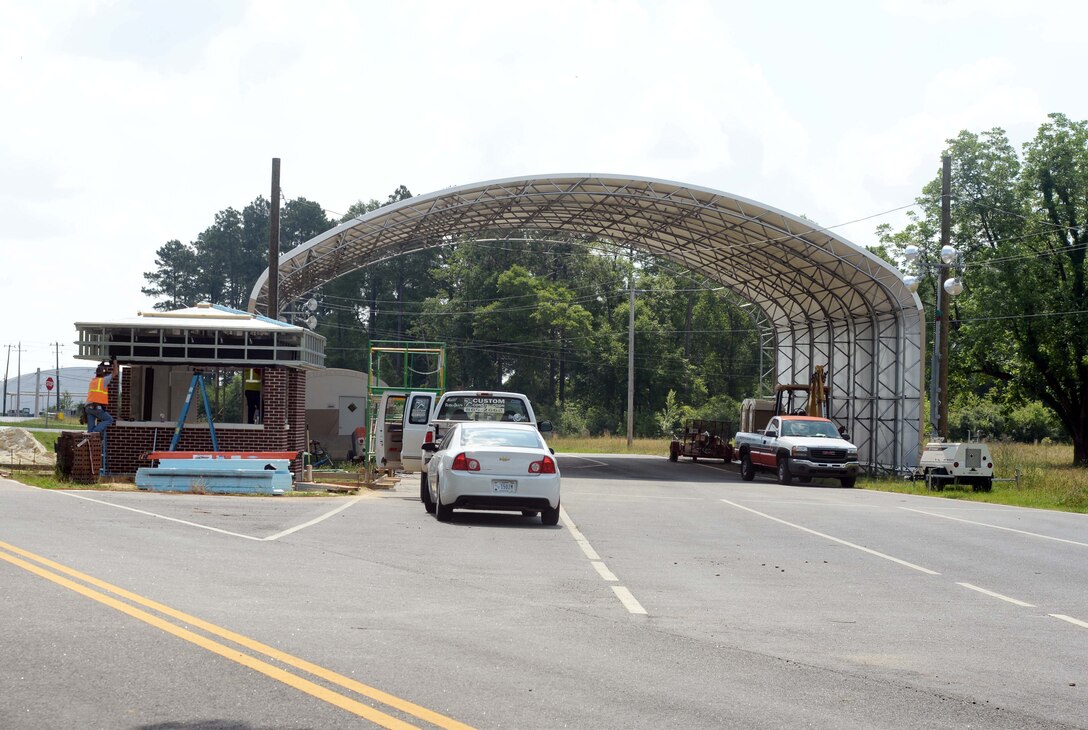 A big-top, tent-type structure will serve as a sentry checkpoint for tractor trailers/commercial vehicles entering the Wilkinson Way gate at Marine Corps Logistics Base Albany in a few months. Base safety officials said, once the construction project is completed, the new commercial truck entry point to the installation will reduce traffic congestion at the Fleming Road truck gate. The Mock Road entrance will allow the physical security team to inspect four tractor trailers at one time and will provide space for parking, which will assist the sentry team in expediting the inspection process.