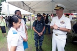 SUVA, Fiji (June 9, 2015) - Commander, Naval Medicine, Rear Adm. Bruce Gillingham speaks with Fijian health care workers at a community health engagement during Pacific Partnership 2015. The hospital ship USNS Mercy (T-AH 19) is currently in Suva for its first mission port of PP15. Pacific Partnership is in its tenth iteration and is the largest annual multilateral humanitarian assistance and disaster relief preparedness mission conducted in the Indo-Asia-Pacific region. While training for crisis conditions, Pacific Partnership missions to date have provided real world medical care to approximately 270,000 patients and veterinary services to more than 38,000 animals. Critical infrastructure development has been supported in host nations during more than 180 engineering projects. 