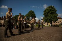U.S. Marines with the 1st Marine Division Band rehearse with the Band De La Troupe Des Marines on Camp de Satory, Versailles, France, May 26, 2015. The 1st Marine Division Band rehearsed along side the Band De La Troupe Des Marines to prepare for the upcoming Belleau Wood anniversary ceremony. (U.S. Marine Corps photo by Sgt. Luis A. Vega/Released)