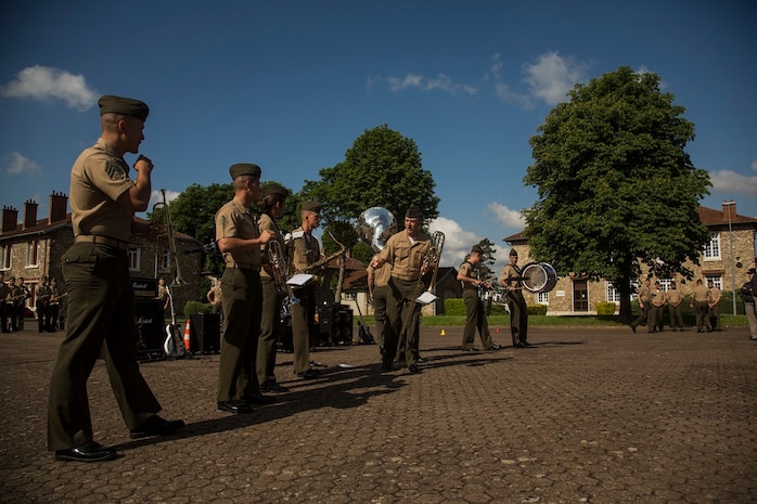 U.S. Marines with the 1st Marine Division Band rehearse with the Band De La Troupe Des Marines on Camp de Satory, Versailles, France, May 26, 2015. The 1st Marine Division Band rehearsed along side the Band De La Troupe Des Marines to prepare for the upcoming Belleau Wood anniversary ceremony. (U.S. Marine Corps photo by Sgt. Luis A. Vega/Released)