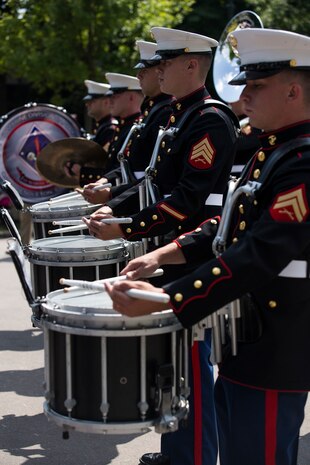 U.S. Marines with the 1st Marine Division Band perform at Le Jardin d'Acclimatation in Paris, France, on May, 27, 2015. The band's performance is one of many events that will be going on during their visit to France as part of the Belleau Wood anniversary ceremony. (U.S. Marine Corps photo by Sgt. Luis A. Vega/Released)
