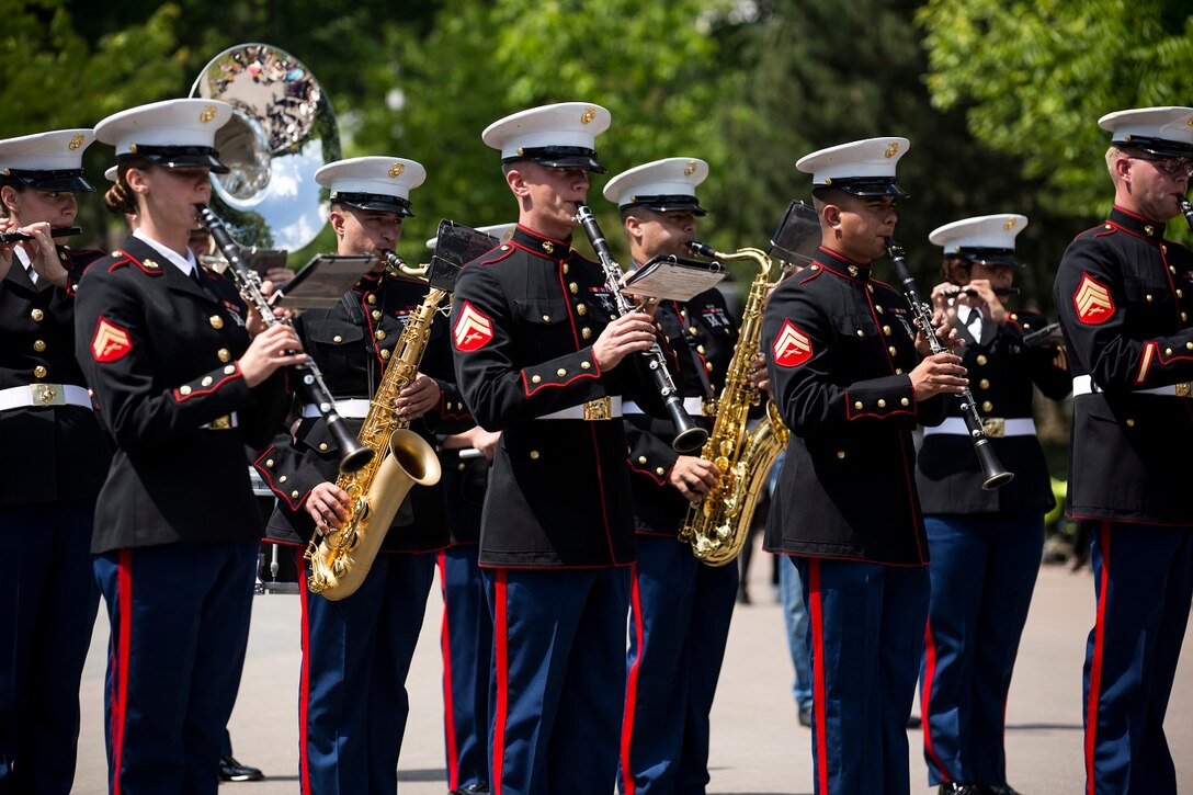 U.S. Marines with the 1st Marine Division Band perform at Le Jardin d'Acclimatation in Paris, France, on May, 27, 2015. The band's performance is one of many events that will be going on during their visit to France as part of the Belleau Wood anniversary ceremony. (U.S. Marine Corps photo by Sgt. Luis A. Vega/Released)