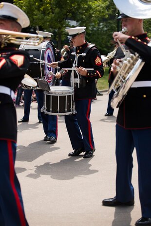 U.S. Marines with the 1st Marine Division Band perform at Le Jardin d'Acclimatation in Paris, France, on May, 27, 2015. The band's performance is one of many events that will be going on during their visit to France as part of the Belleau Wood anniversary ceremony. (U.S. Marine Corps photo by Sgt. Luis A. Vega/Released)