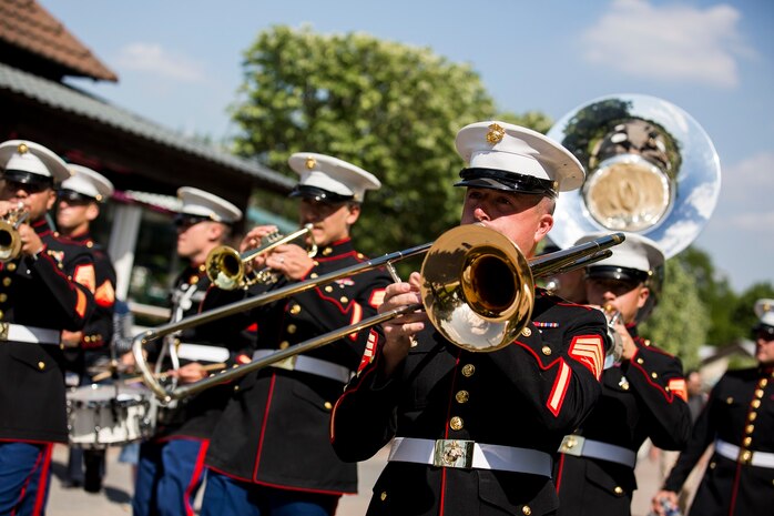 U.S. Marine Corps Sgt. Jon Kearney, a trombone instrumentalist with the 1st Marine Division Band, performs at the Le Jardin d'Acclimatation in Paris, France, on May, 27, 2015. The band's performance is one of many events that will be going on during their visit to France as part of the Belleau Wood anniversary ceremony. (U.S. Marine Corps photo by Sgt. Luis A. Vega/Released)