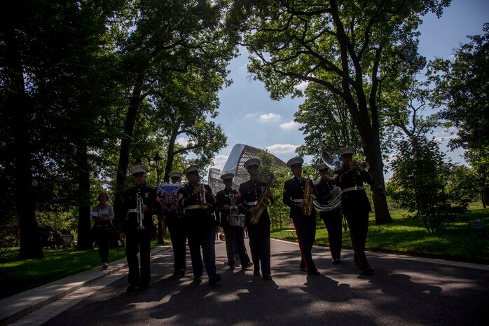 U.S. Marines with the 1st Marine Division Band perform at Le Jardin d'Acclimatation in Paris, France, on May, 27, 2015. The band's performance is one of many events that will be going on during their visit to France as part of the Belleau Wood anniversary ceremony. (U.S. Marine Corps photo by Sgt. Luis A. Vega/Released)
