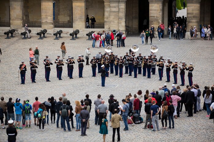U.S. Marines with the 1st Marine Division Band perform at Les Invalides in Paris, France, on May, 28, 2015. The band's performance is one of many events that will be taking place during their visit to France as part of the Belleau Wood anniversary ceremony. (U.S. Marine Corps photo by Sgt. Luis A. Vega/Released)