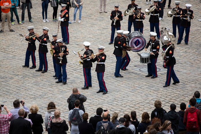 U.S. Marines with the 1st Marine Division Band perform at Les Invalides in Paris, France, on May, 28, 2015. The band's performance is one of many events that will be taking place during their visit to France as part of the Belleau Wood anniversary ceremony. (U.S. Marine Corps photo by Sgt. Luis A. Vega/Released)
