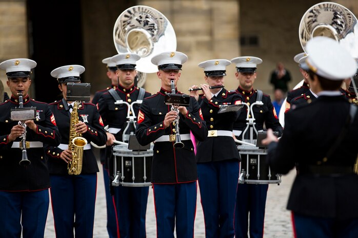 U.S. Marines with the 1st Marine Division Band perform at Les Invalides in Paris, France, on May, 28, 2015. The band's performance is one of many events that will be taking place during their visit to France as part of the Belleau Wood anniversary ceremony. (U.S. Marine Corps photo by Sgt. Luis A. Vega/Released)