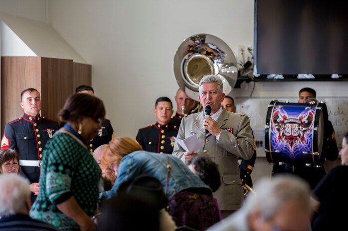 French Army Gen. Ract Madoux speaks to an audience that attended the 1st Marine Division Party band performance at Les Invalides in Paris, France, on May, 28, 2015. The band's performance is one of many events that will be taking place during their visit to France as part of the Belleau Wood anniversary ceremony. (U.S. Marine Corps photo by Sgt. Luis A. Vega/Released)