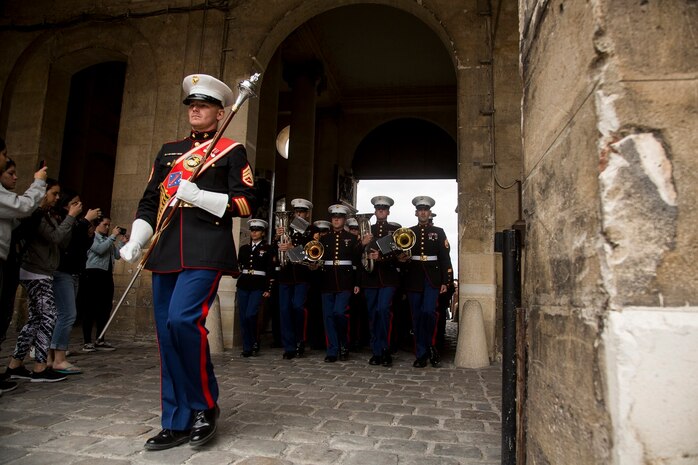 U.S. Marines with the 1st Marine Division Band perform at Les Invalides in Paris, France, on May, 28, 2015. The band's performance is one of many events that will be taking place during their visit to France as part of the Belleau Wood anniversary ceremony. (U.S. Marine Corps photo by Sgt. Luis A. Vega/Released)