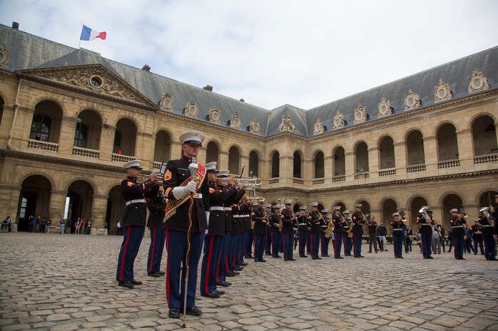 U.S. Marines with the 1st Marine Division Band perform at Les Invalides in Paris, France, on May, 28, 2015. The band's performance is one of many events that will be taking place during their visit to France as part of the Belleau Wood anniversary ceremony. (U.S. Marine Corps photo by Sgt. Luis A. Vega/Released)