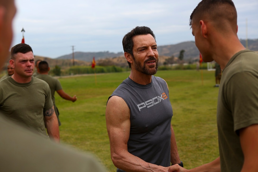 Tony Horton, the creator the fitness program; P90X, speaks to Marines assigned to 3rd Battalion, 5th Marine Regiment, aboard Camp Pendleton, Calif., June 9, 2015. Horton believes Marines need to focus on nutrition and a wide variety of exercises to be ready for any mission as may be directed.
